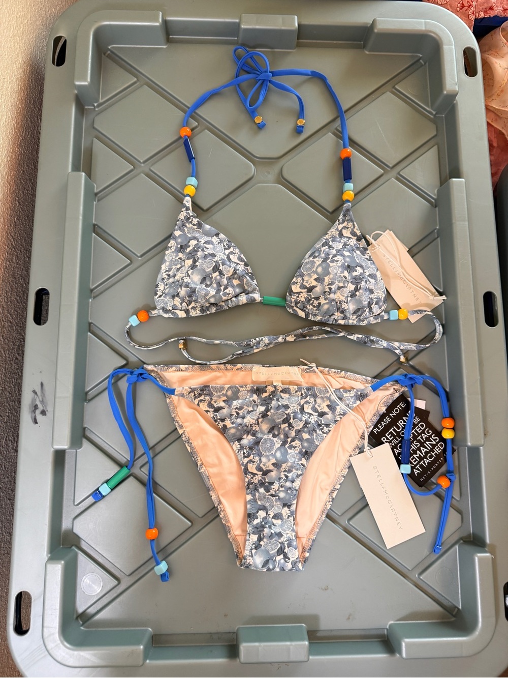 Stella McCartney Girls Blue Floral Triangle Tie Bikini Set with Peach Lining
